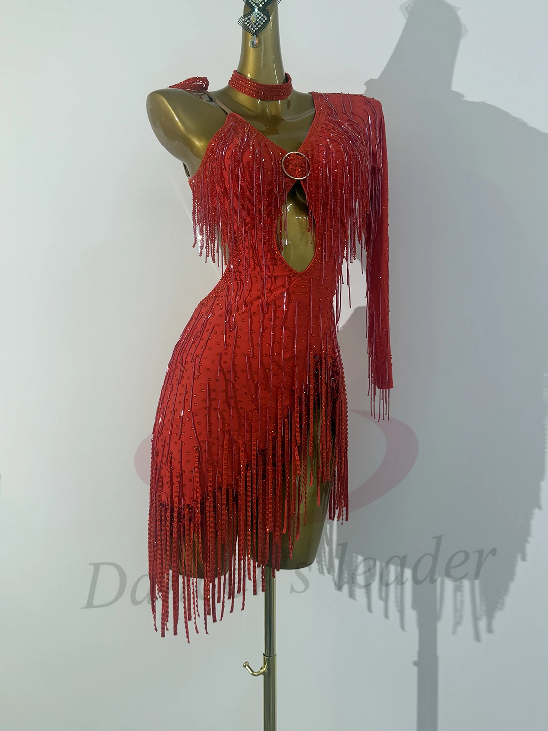 Tancerz latynoamerykański, dorosły, dziecięcy, ekskluzywna, szyta na miarę czerwona sukienka z koralikami, diamentowy bar, frędzle, tango, samba, sukienka sceniczna z kamieniami AB