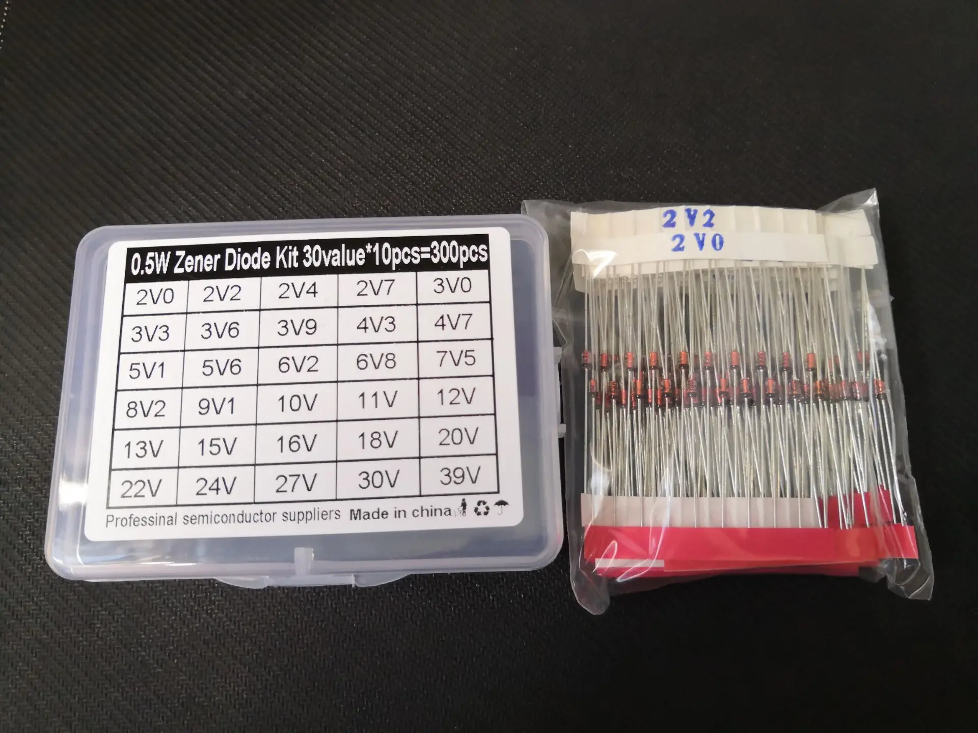 Kit de diodos de 300 W, regulador de voltaje Zener, 0,5 piezas = 30 valores * 10 piezas, 2V ~ 39V, 39V, 30V, 27V, 24V, 22V, 20V, 18V, 16V, 15V, 13V