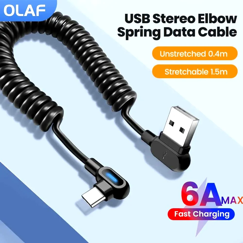Dual Elbow Type C Cable 6A Fast Charge Short Spring Data Cable For Samsung Xiaomi Retractable USB To Lightning Cable For iPhone