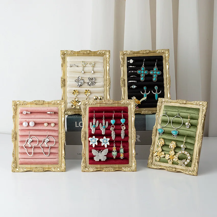 

Frame Design Velvet Jewelry Display Stand Ring Earring Organizer Retro Decorative Countertop Holder for Girl Home Storage Decor
