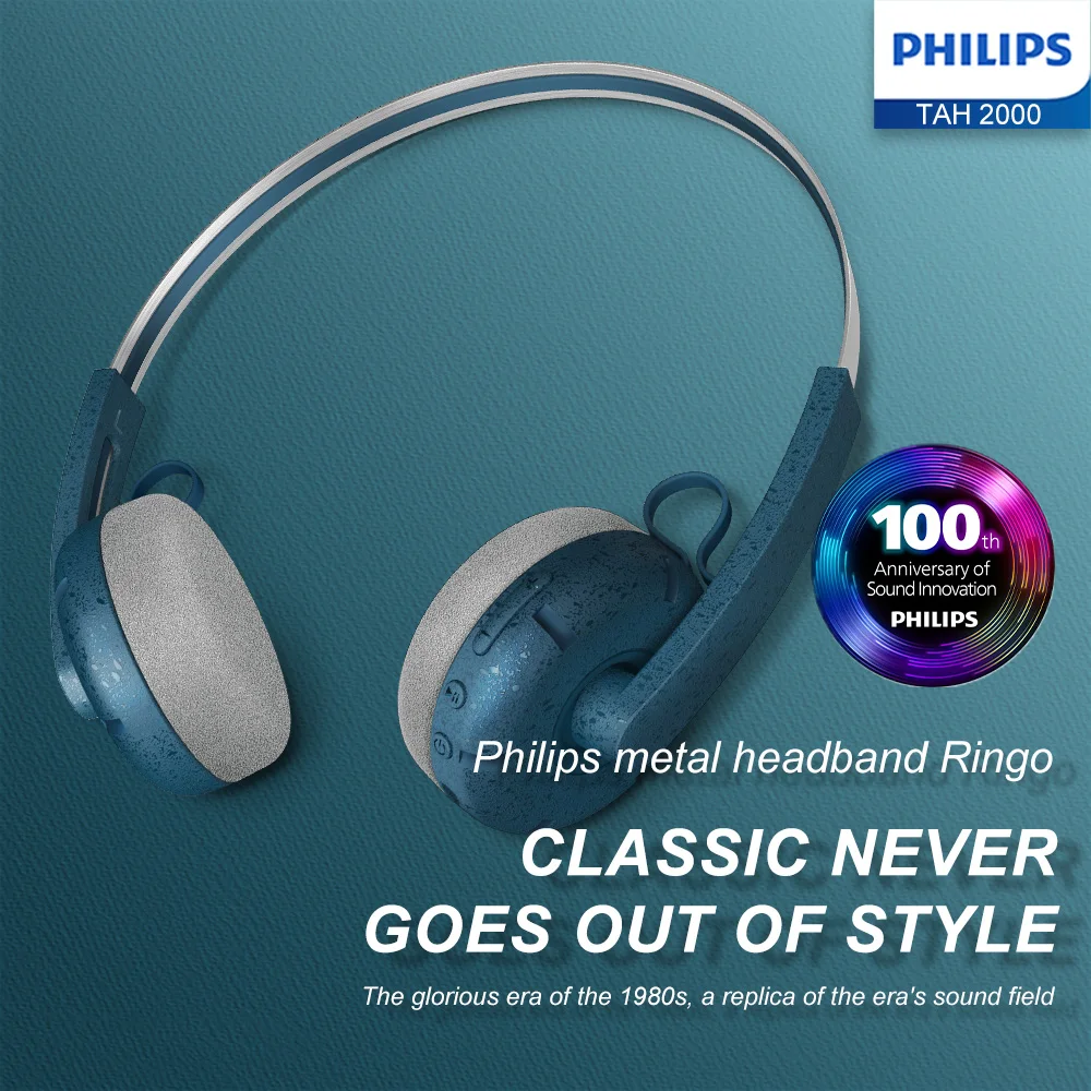 PHILIPS TAH2000 오버이어 Bluetooth 헤드폰은 간단하고 조절 가능한 디자인을 갖추고 있으며 이어 패드가 귀에 더 밀착됩니다.