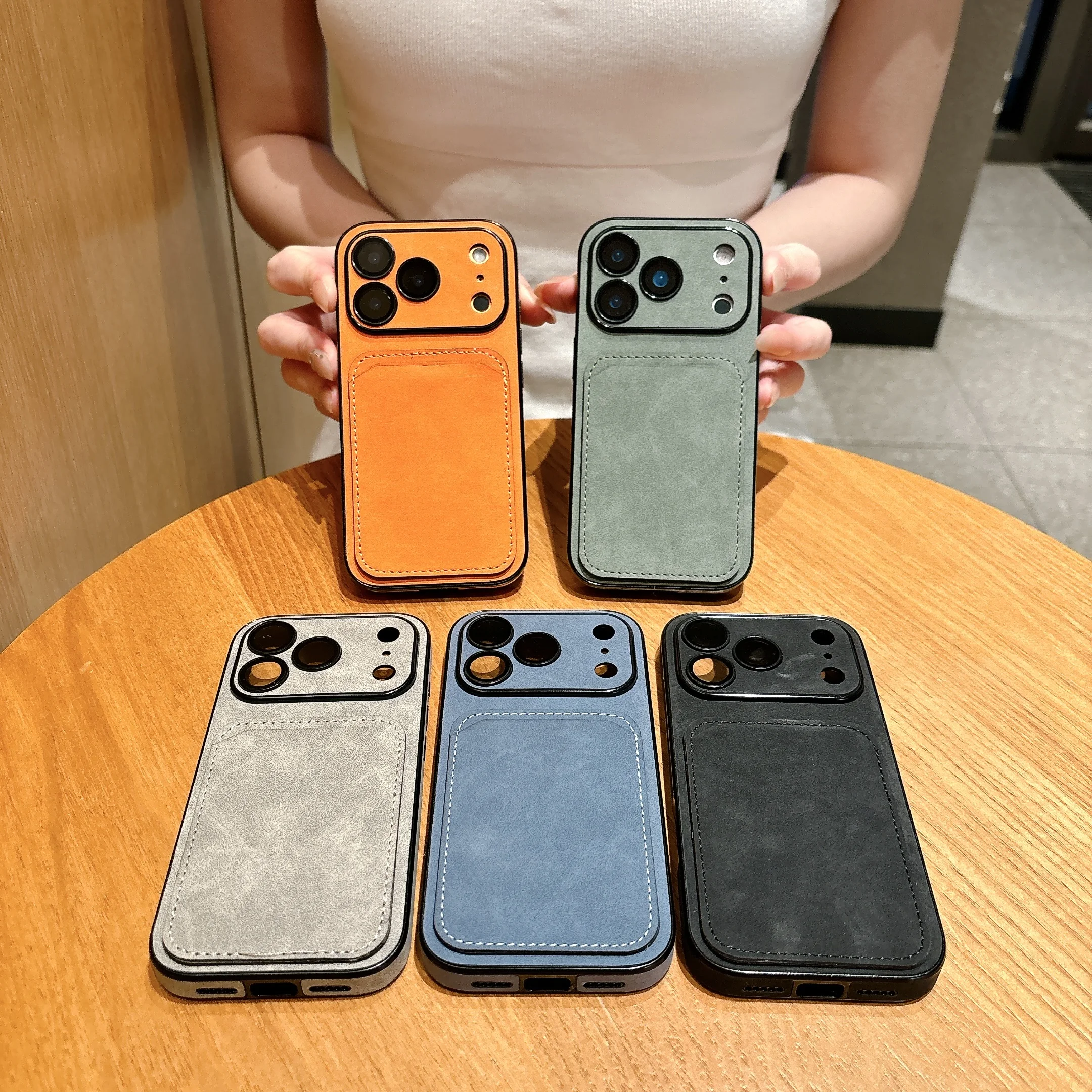 Shockproof Suede Leather Card Holder Case For iPhone 17 Pro Max 16 15 14 Plus 13, Slim Window View Camera Protection Phone Cover