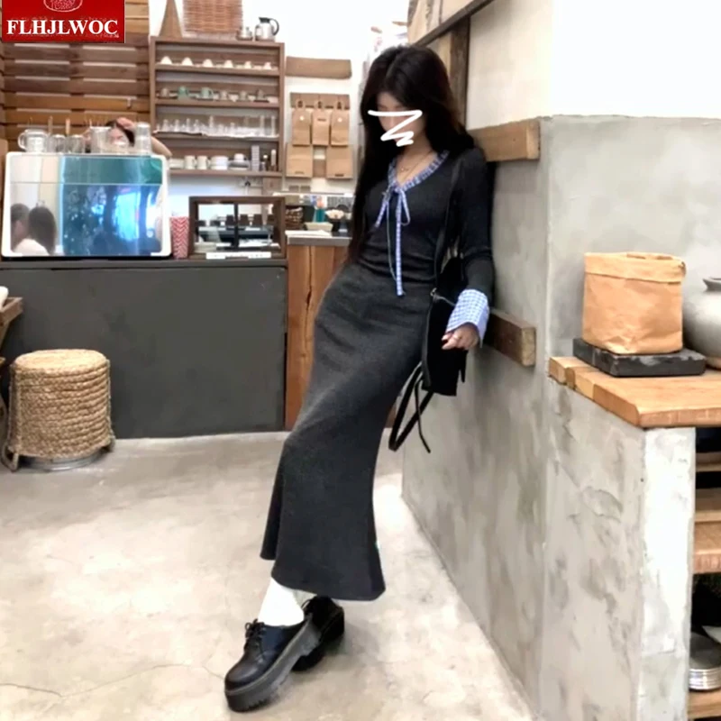 Herfst Winter Basic Lange Zeemeermin Fishtail Jurken Nieuwe Mode Leuke Zoete Japan Meisjes Retro Patchwork Plaid Strikje Shirt Jurk