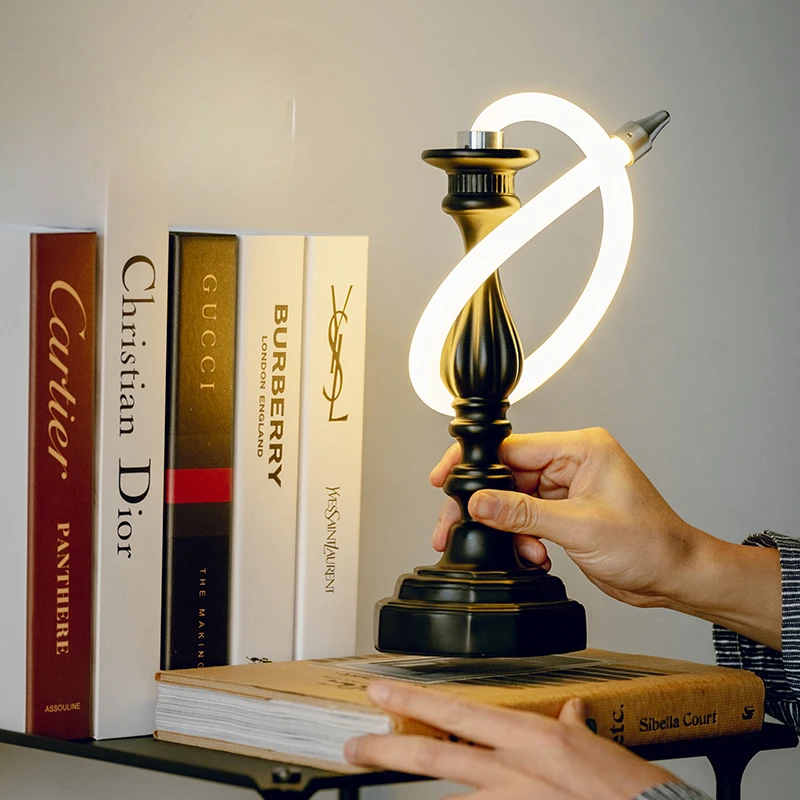 Dimmable black candlestick rechargeable desk lamp