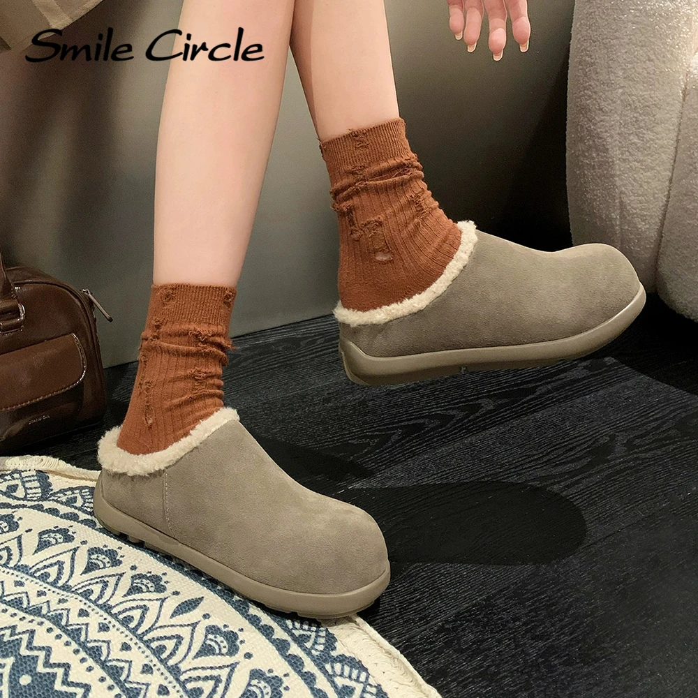 Smile Circle Women Snow Boots Suede Leather Winter Round-toe platform Boots Warm Casual Boots