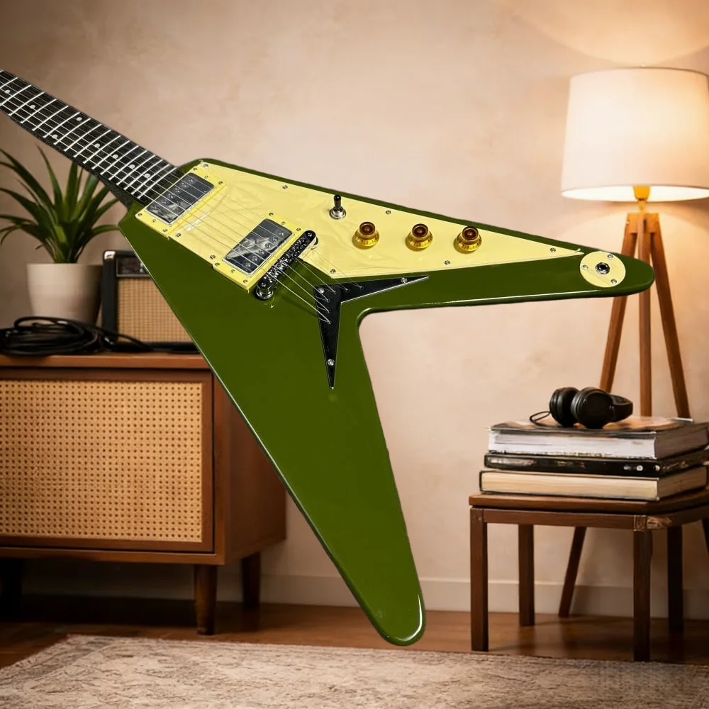 

Электрогитара Green Flying V, светло-желтая, с защитной панелью, мощный бас, ручная работа, бесплатная доставка