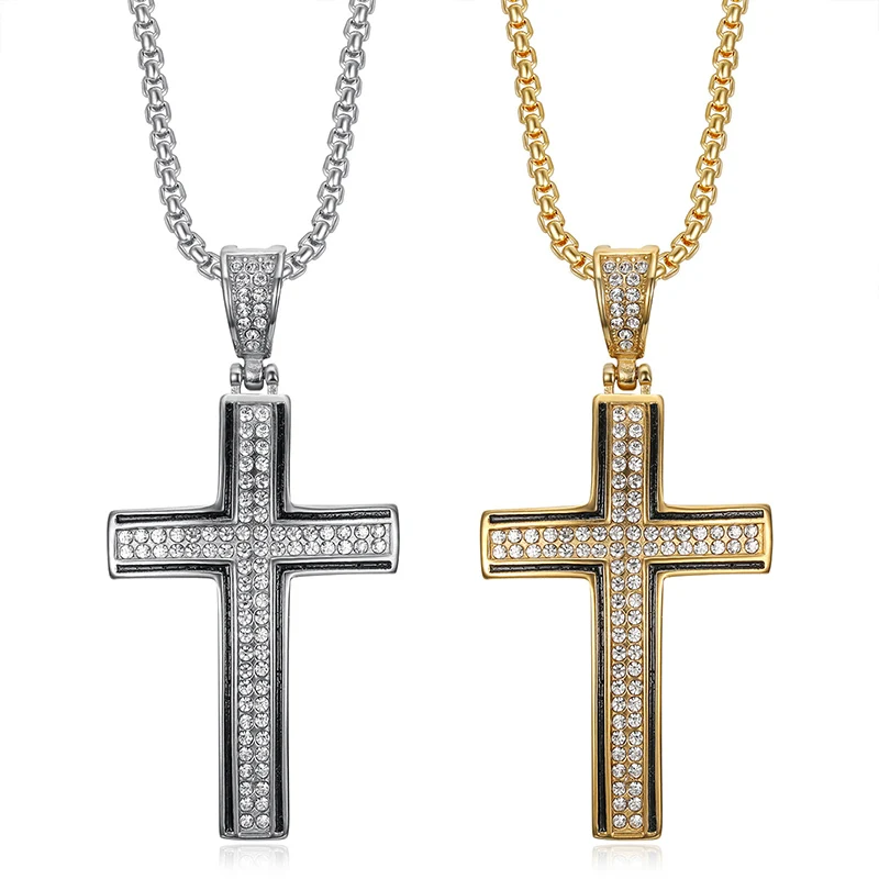 Hiphop Bling Iced Out Rvs Cross Hangers Ketting Voor Mannen Rapper Sieraden Goud Zilver Kleur