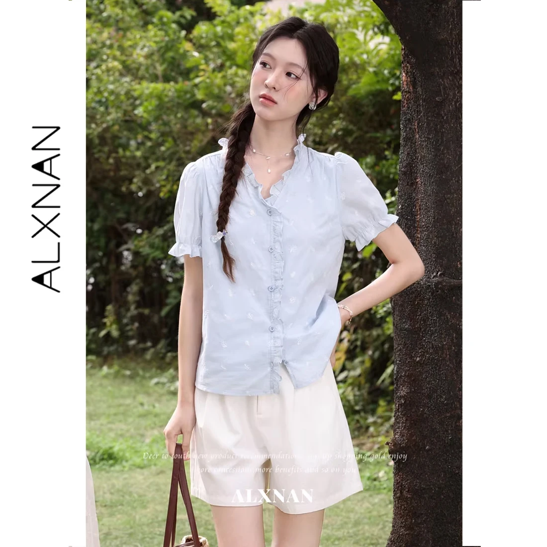 

ALXNAN White Floral Embroidered Shirt Summer Ruffle V-neck Puff Sleeve Blouse Cotton 100% Elegant Short Sleeve Top Female L63319