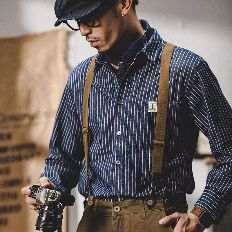

American Retro Striped irt Men's Long Sve Loose Trendy Japanese Sle Spring Autumn Model Turn-down Collar Coat for Men