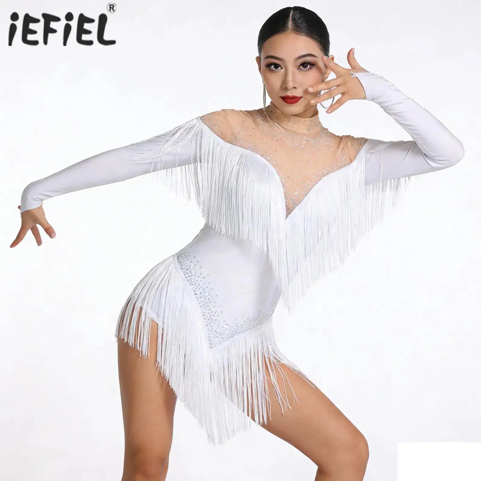 

Womens Tassel Latin Dance Leotard Performance Outfit Fringe Shiny Rhinestones Gymnastics Bodysuit Figure Skating Costume