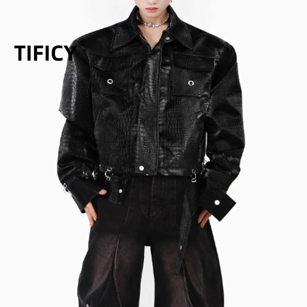 

High Street Jackets Crocodile Patterned Shoulder Pad PU Leather Jacket with Men's Patchwork Design High-end Top