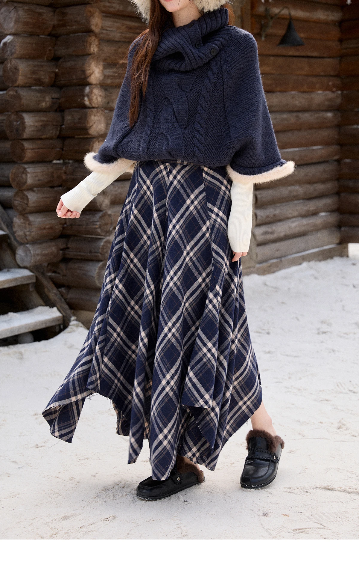 MISHOW Irregular Brushed Plaid Skirt for Women 2025 Winter Retro Blue Plaid Skirt Frayed Edge Midi A-line Skirts MXE86B2450