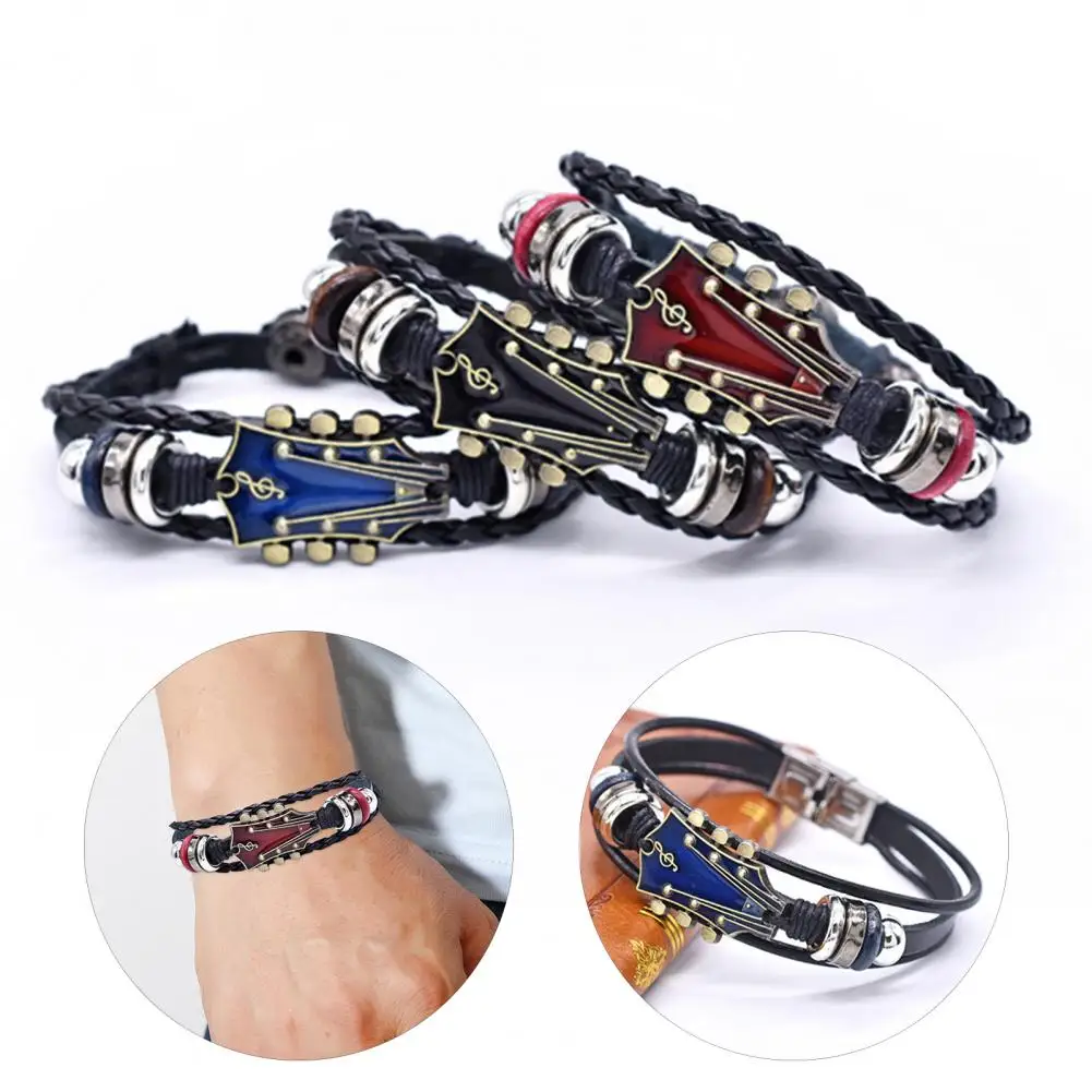 Braided Guitar Bracelet Zinc Alloy Adjustable Buckle Manual Woven Faux Leather 3-layered Punk Retro Wrist Jewelry