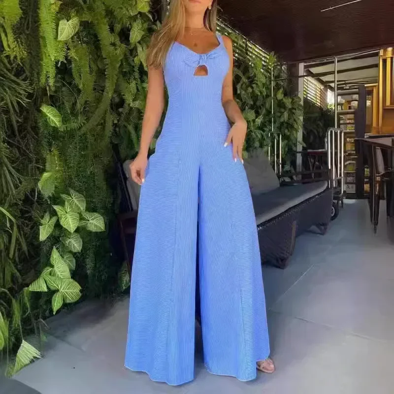 

Women's Jumpsuit Spring Fashion Striped Print Casual V-Neck Sleeveless Tied Detail Daily Wide Leg Long Jumpsuit Streetwear