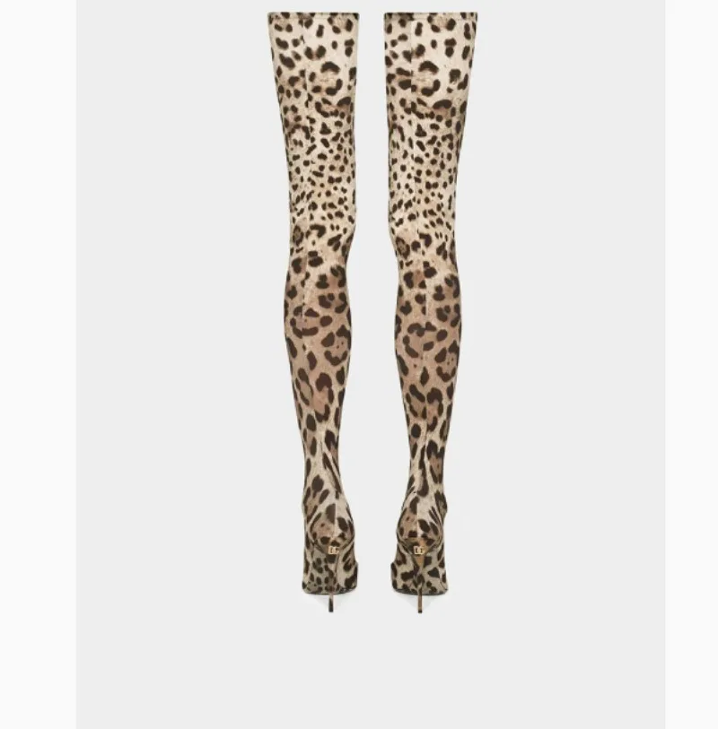 Ladies Over The Knee Women Boots  Super High Thin Heels Leopard Woman Long Boots Size 34-43