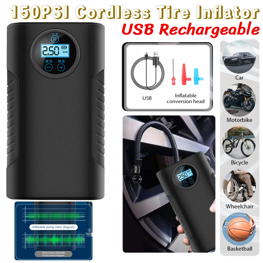 

Портативный воздушный компрессор 150PSI, USB перезаряжаемый умный насос для шин, ЖК-дисплей, электрический воздушный насос для мотоцикла, автомобильных шин