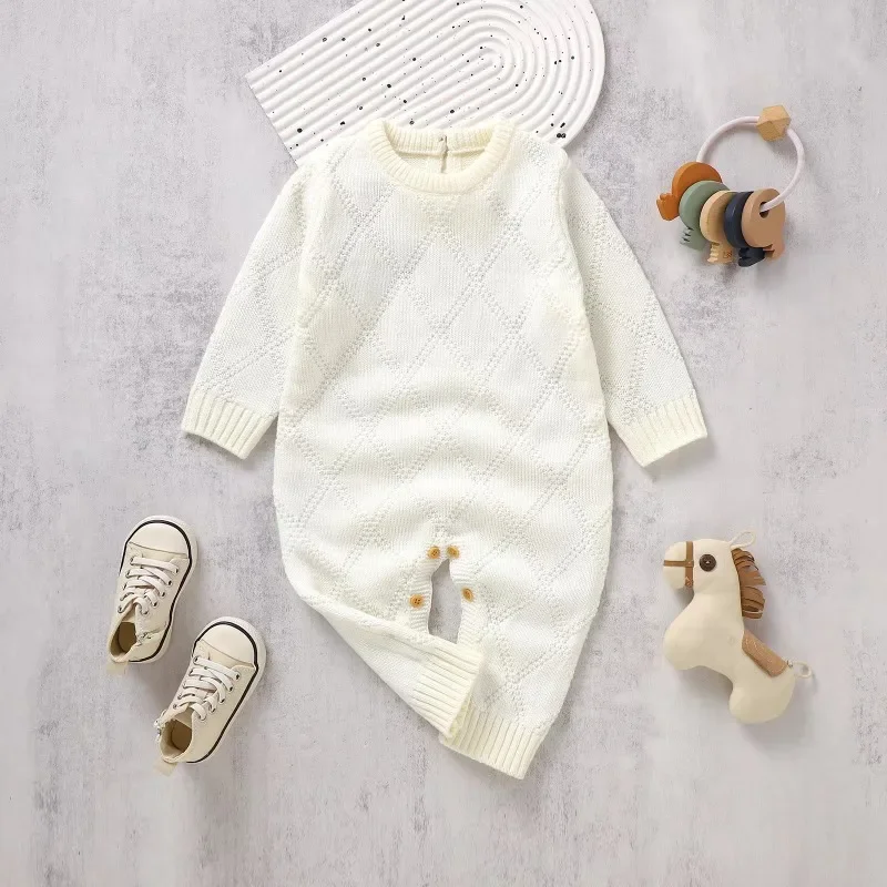 New Spring Autumn Solid Color Knitted Acrylic Long Sleeve 1-18 Months Newborn Baby Boys and Girls Rompers Jumpsuit Bodysuit