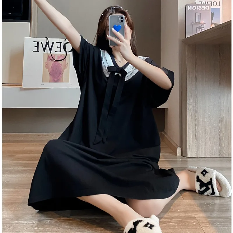 Oversized Weight 150kg Loose Thin Homewear Women Plus Size Midi Nightdress  Summer Japan Girl Pajamas Short Sleeve Nighties 3XL