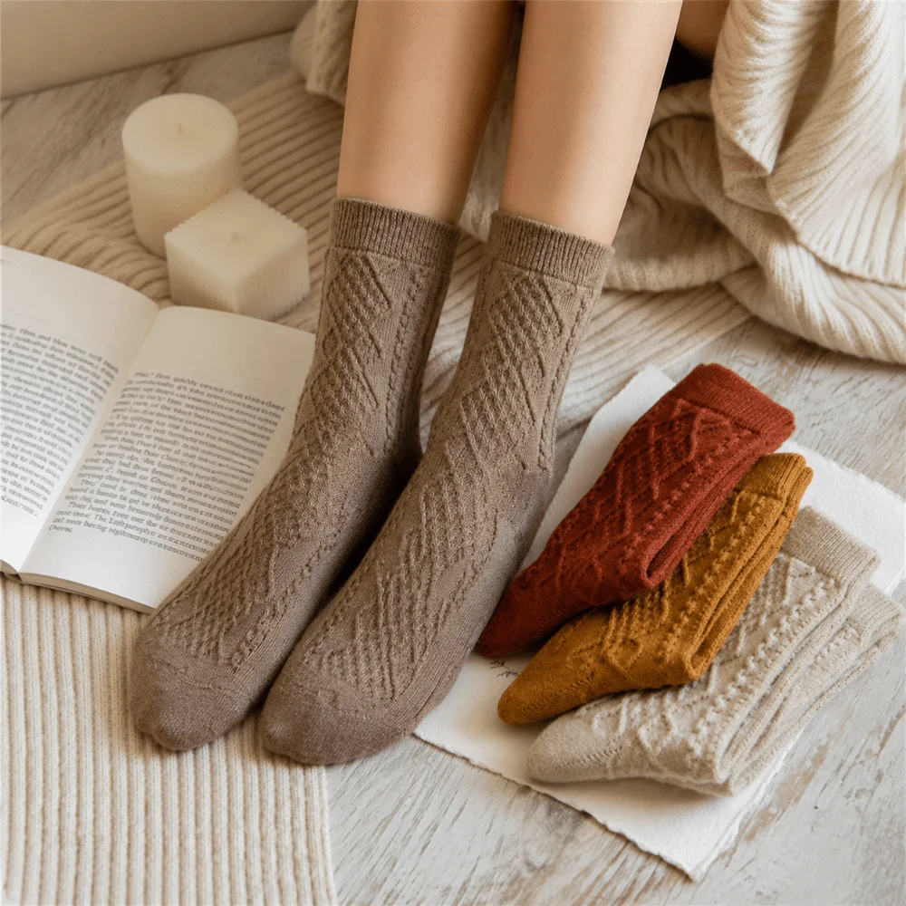 Solid Color Cashmere Wool Socks Japanese Style Long Length Winter Warm Socks Thermal Warmth Knit Texture Long Crew Socks