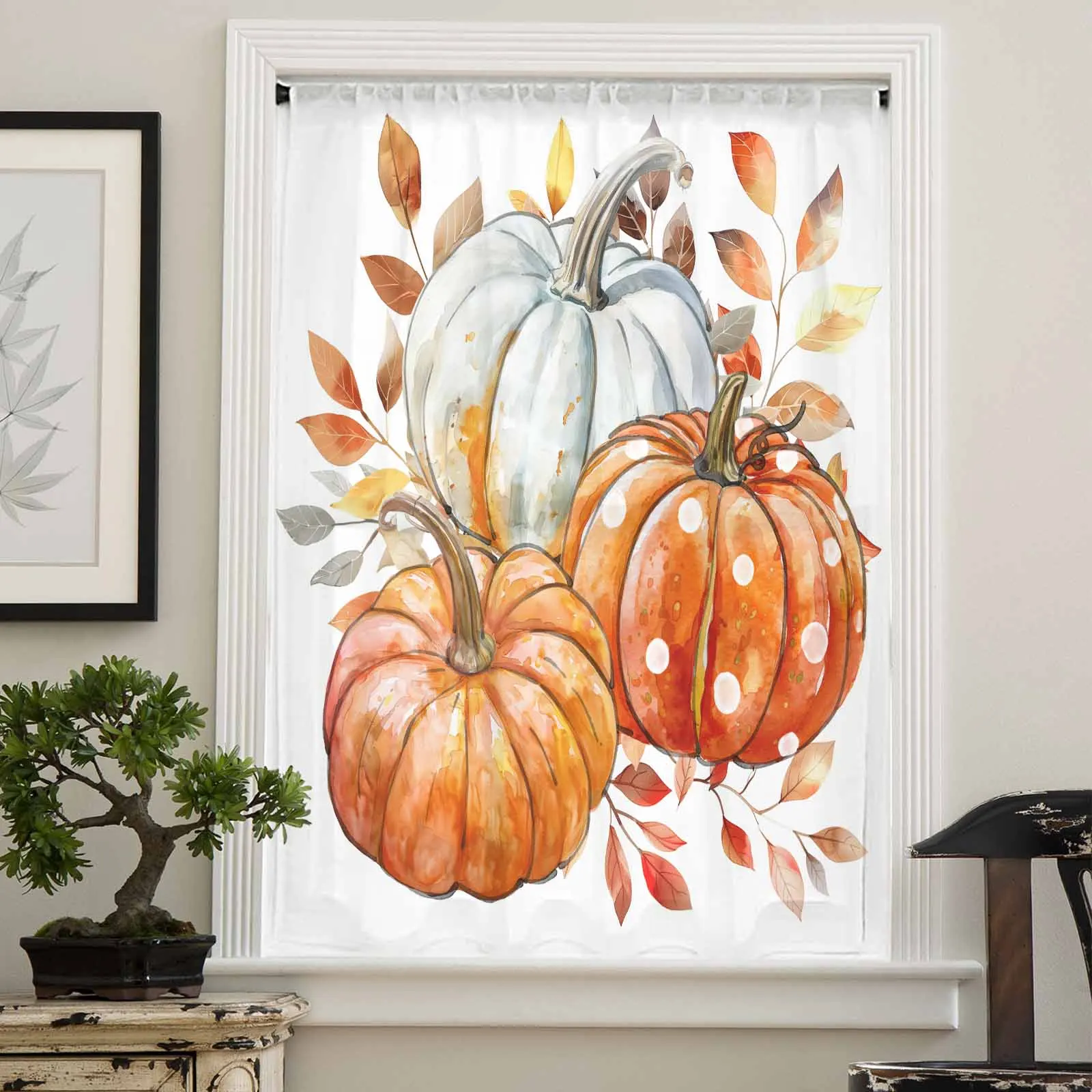 Autumn Thanksgiving Pumpkin Watercolor Leaves Sheer Curtains for Living Room Bedroom Window Treatment Kitchen Chiffon Curtain