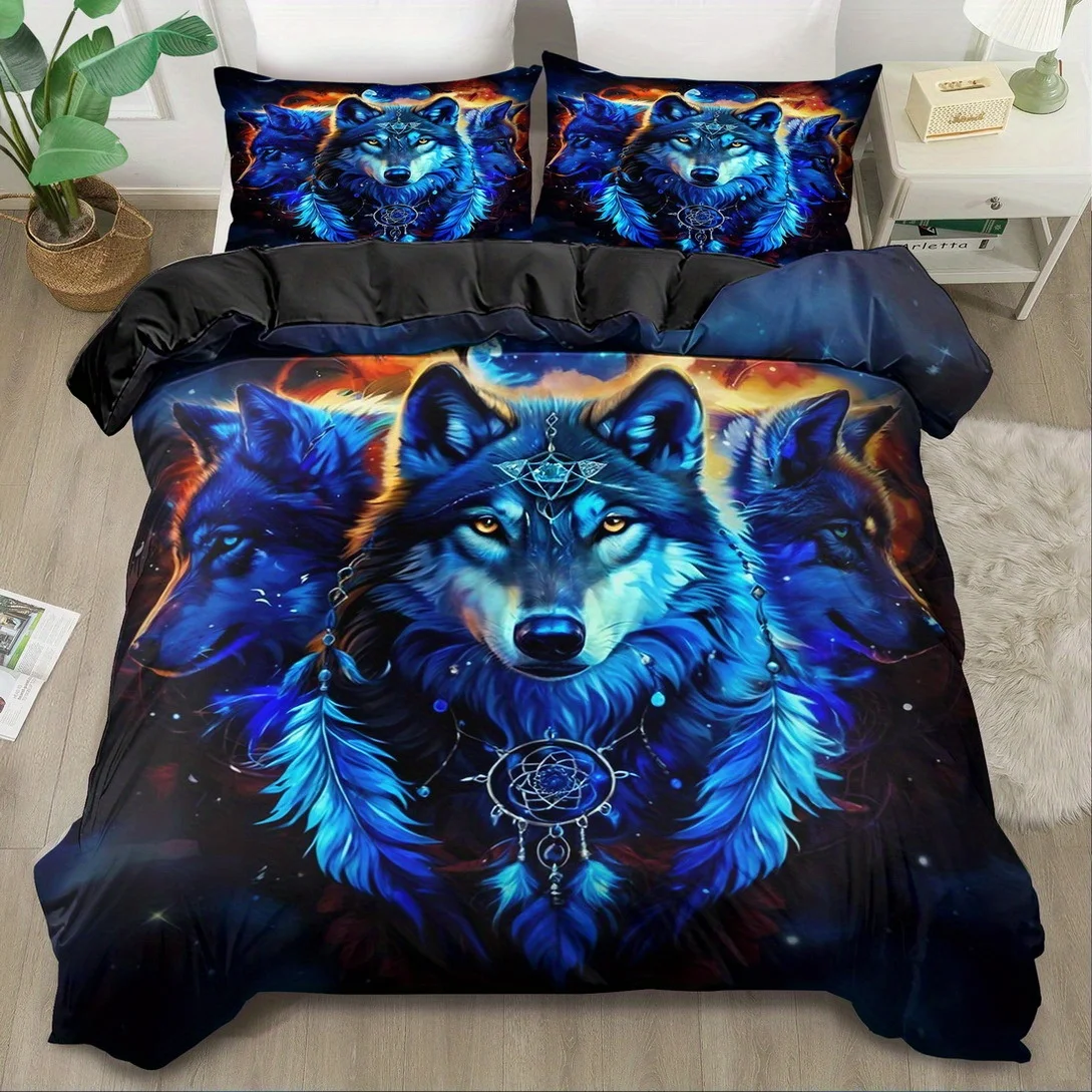 Blue Gothic Wolf Print Quilt Cover Set King Queen Size Duvet Cover Bedding Set Machine Washable Style Quilt Decoration