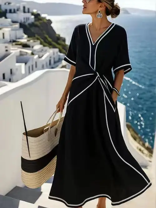 

Summer fashion casual sleeveless loose contrasting color vacation beach dress women's round neck pleated pocket long skirt