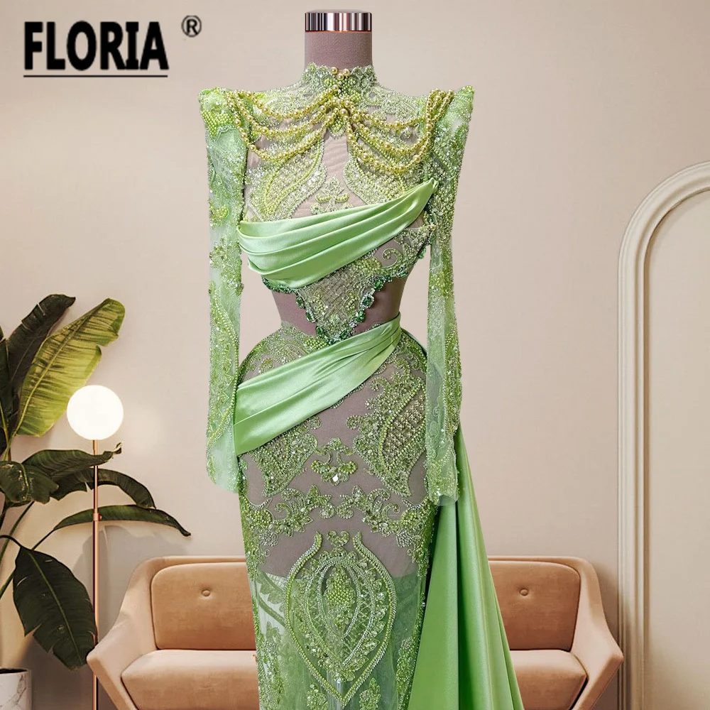 Newest Vintage High Neck Green Mermaid Evening Dress Beaded Pearls Dubai Long Formal Occasion Gowns Prom Party Dresses Vestidos