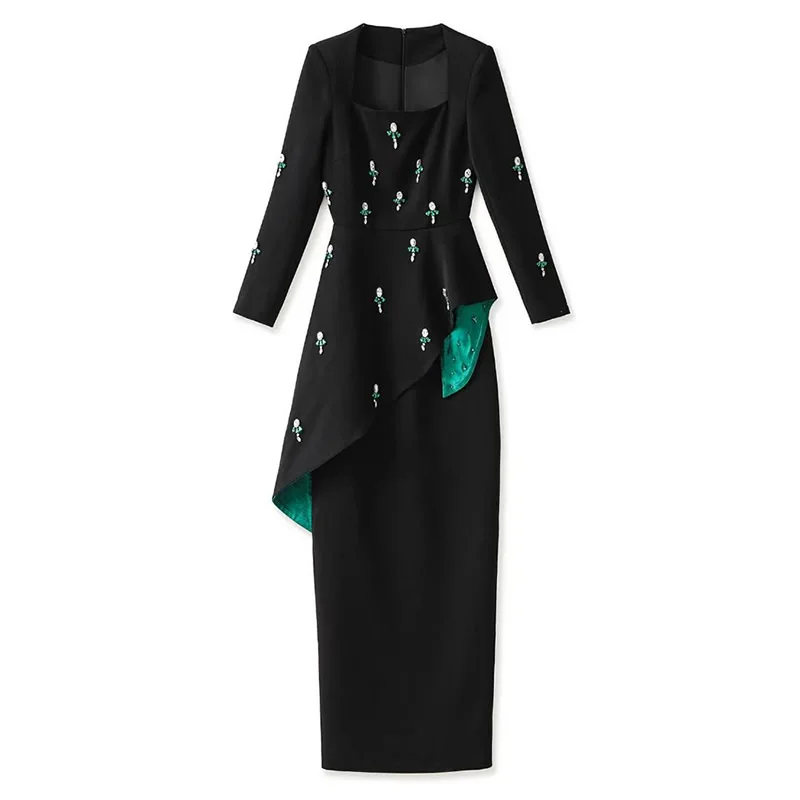 

New Arrival Women Beading Dress Square Collar Long Sleeve Dress
