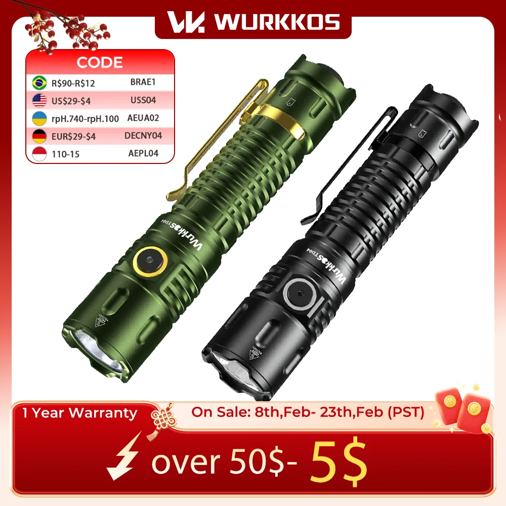 Wurkkos TD04 21700 Rechargeable Two Mode Group Tactical XHP50D HI Flashlight USB-C 3000 Lm Torch IP68 Waterproof EDC Tail Switch
