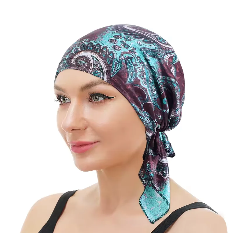 

New Satin Print Night Sleep Cap Women Silk Turban Headscarf Muslim Hijab Head Cover Hair Loss Chemo Cap Durag Beanies Bonnet Hat