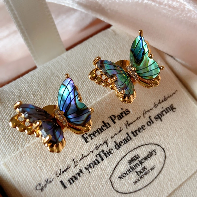 

French luxury retro natural abalone butterfly stud earrings for women