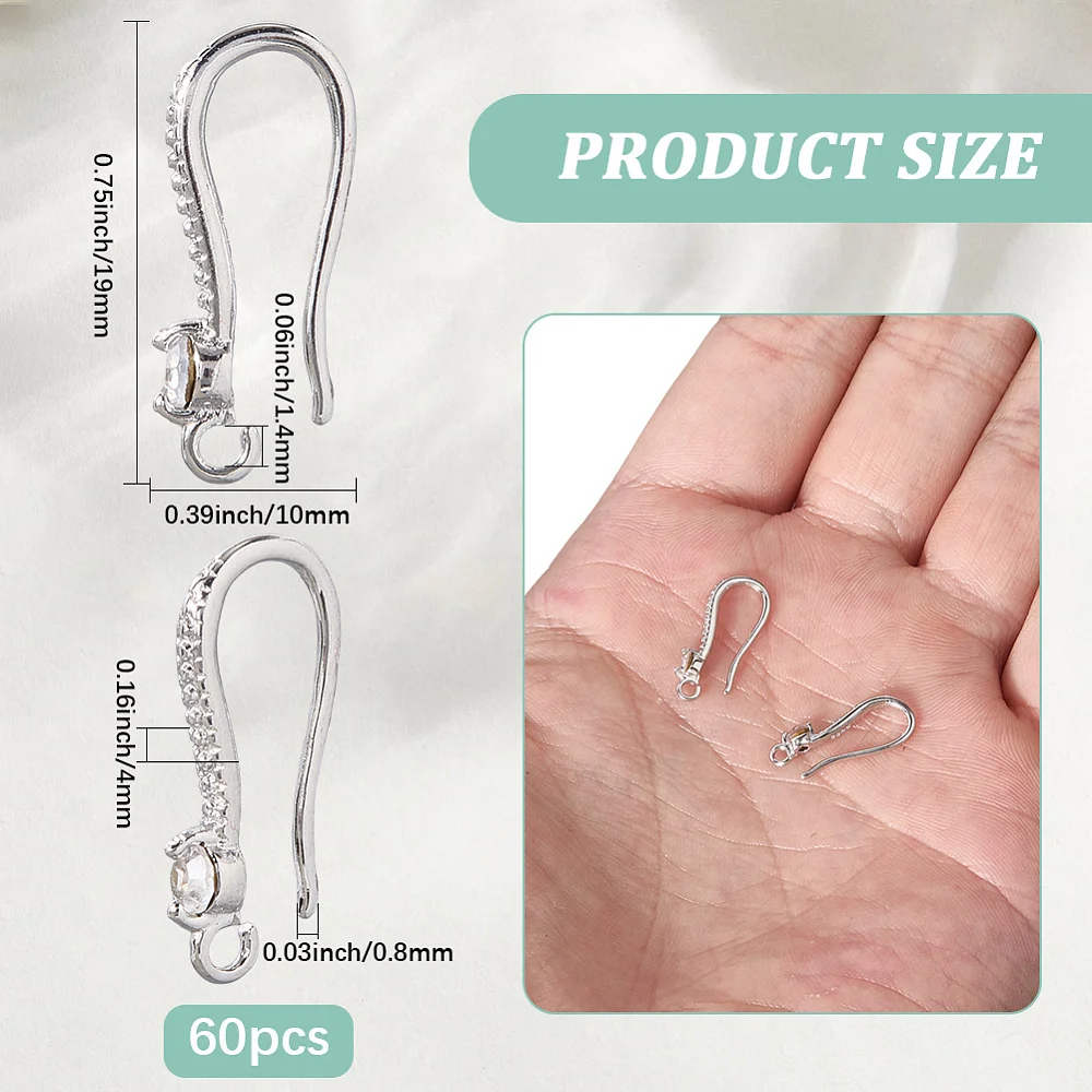 60Pcs Rhinestone Earring Hooks Brass Ear Wires Small White K Earwire Drop Dangle Findings with Open Hole Fish Bulk Earrings