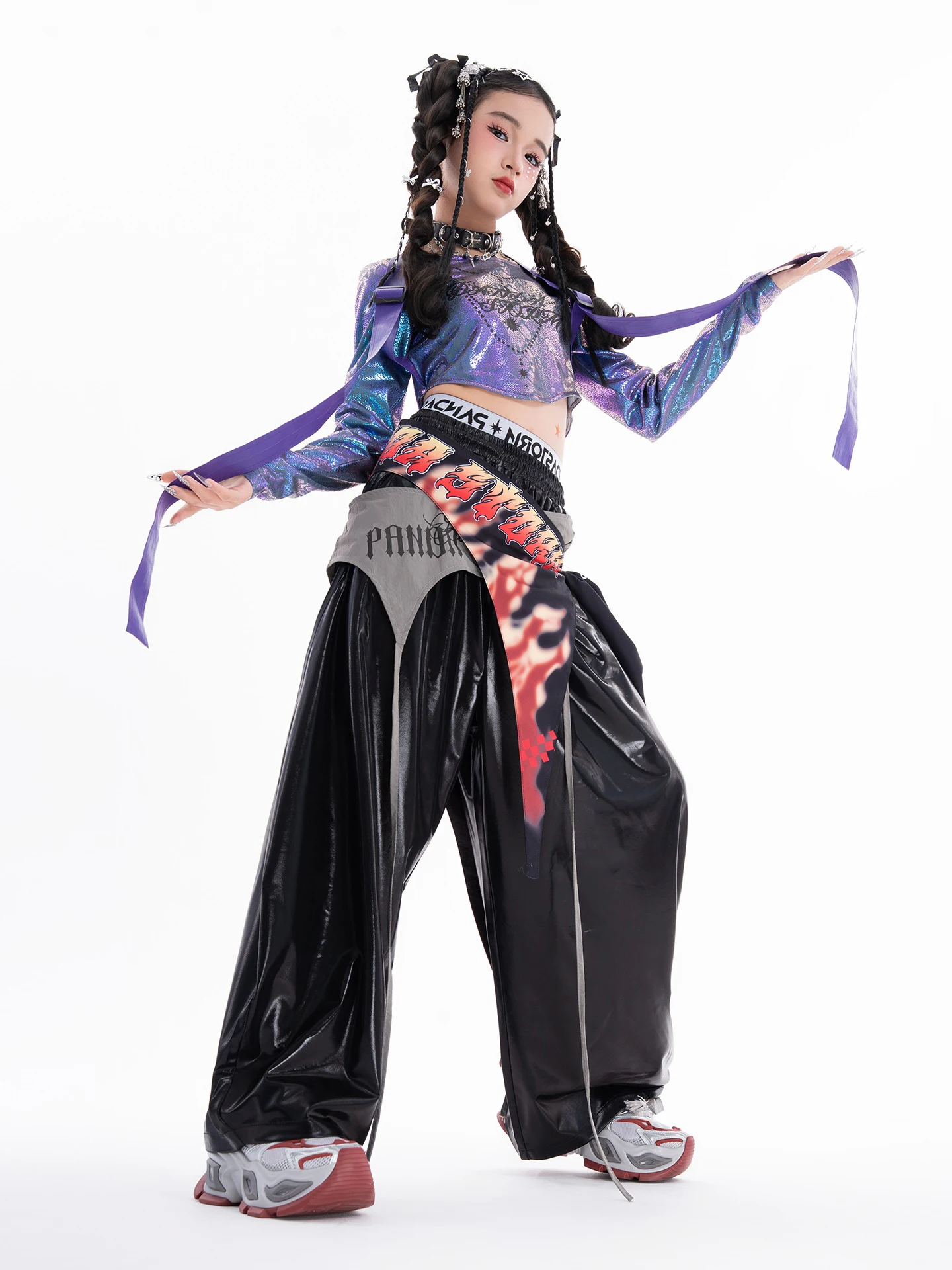 Mode Mädchen Hip Hop Dance Kleidung Nabel Tops Lange Ärmel Leder Hosen Jazz Leistung Kostüm Kpop Bühne Outfits BL17795