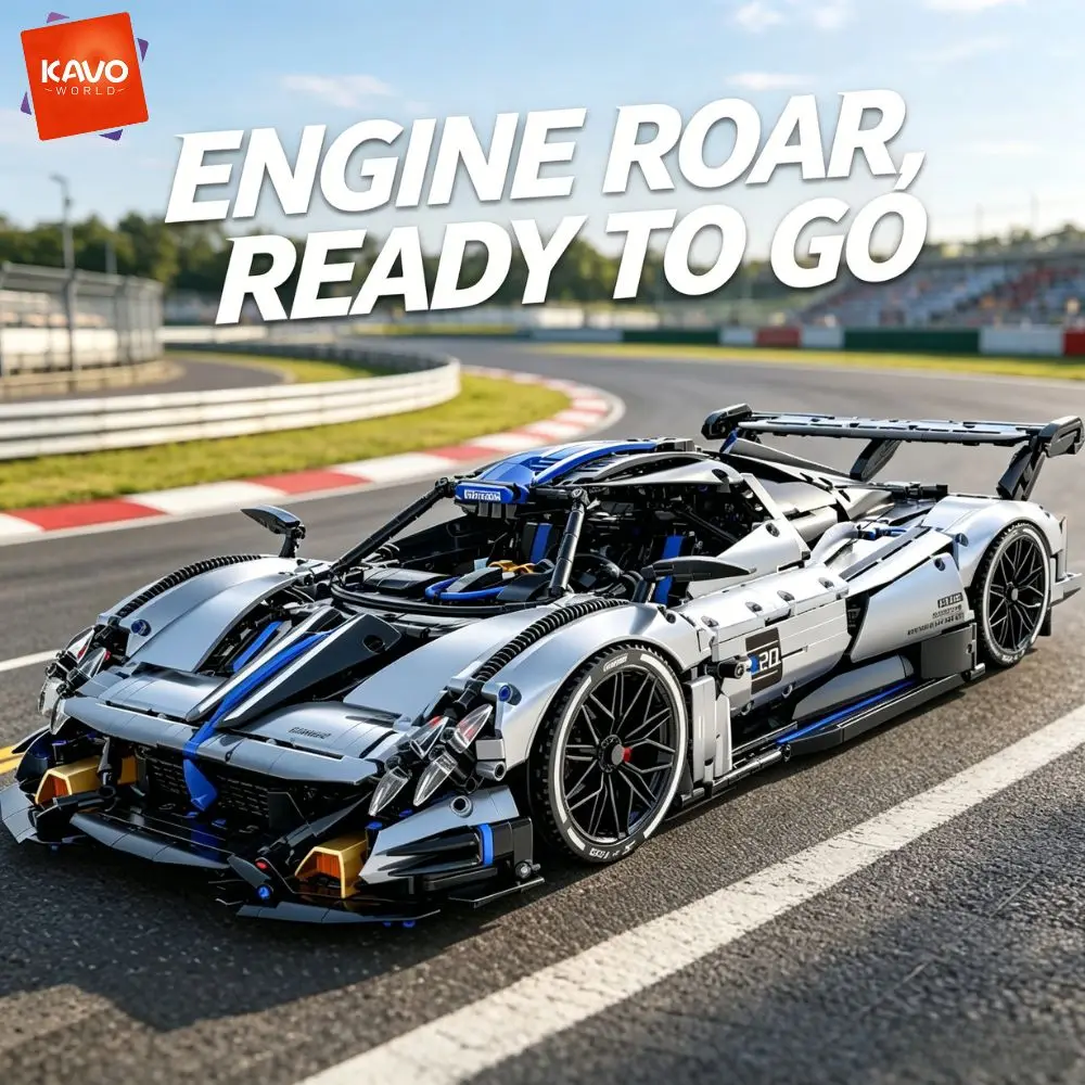 KAVOWORLD 1:8 Scale Silver-Blue Technical Super Racing Sports Car Building Blocks Set 3526pcs DIY STEM Assembly Premium ABS Racing Car Building Bricks Toy Model with Rear Linkage Engine & Track Wing, Ideal Birthday Christmas Gift for Teens Adults view 7