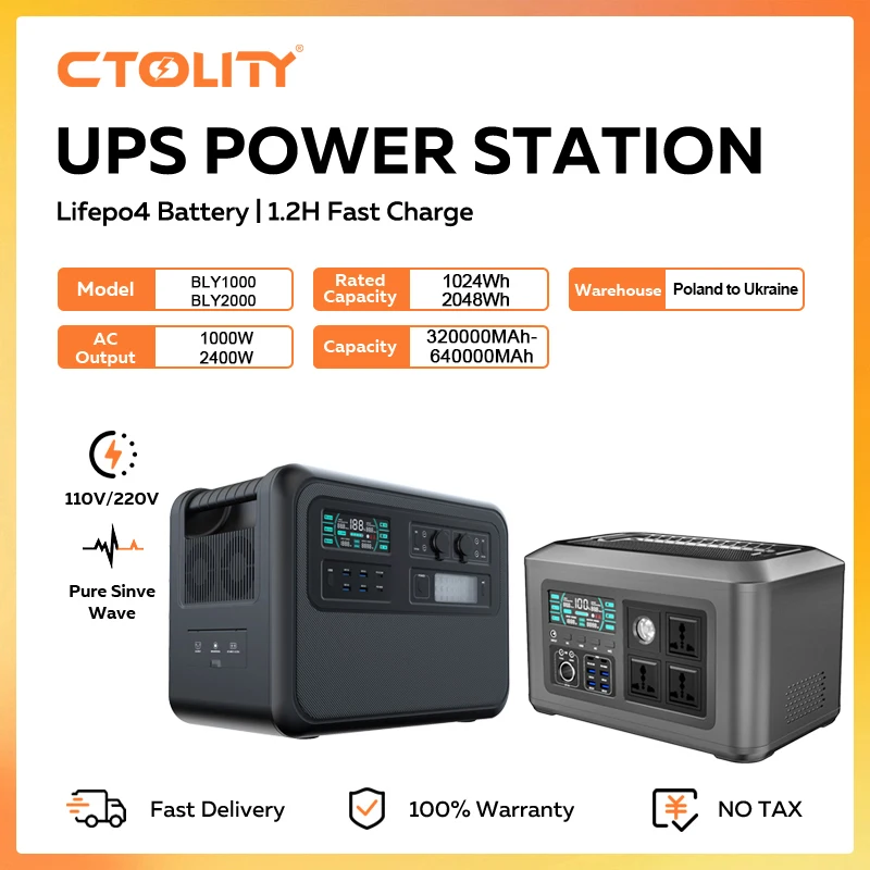 CTOLITY 2400W Portable Power Station 2048Wh Lifepo4 1000W Solar Generator AC Outlets Powerful Power Bank Energy Storage Supply