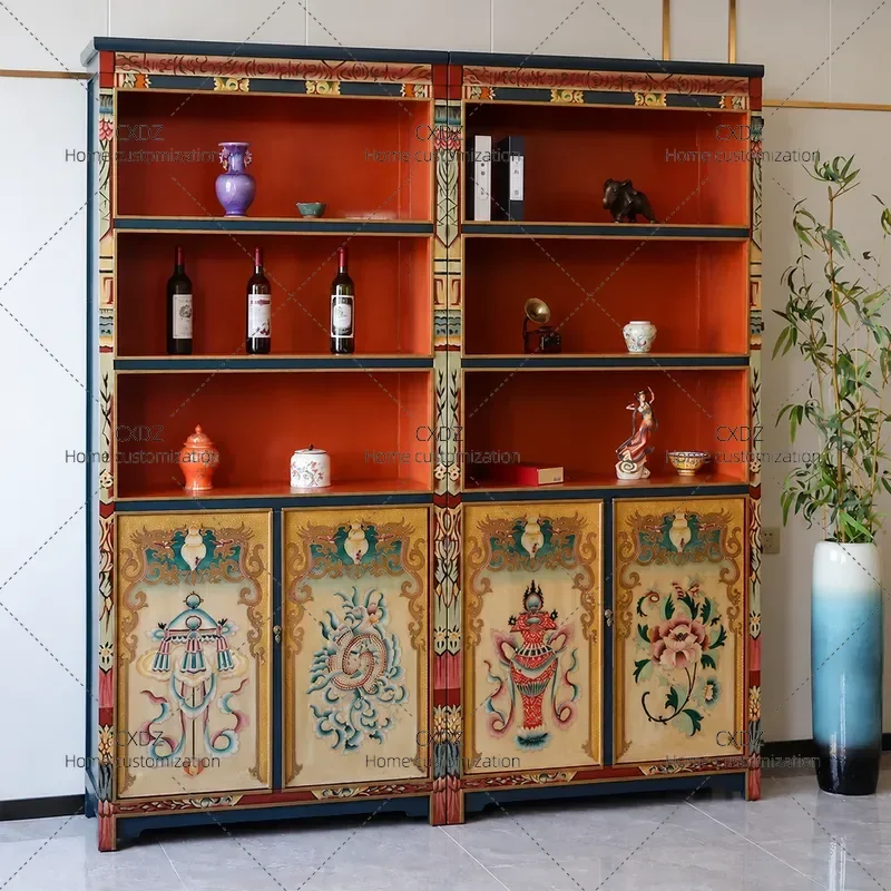 Tibetan Style Solid Wood Display Cabinet Hand Painted Eight Treasures Pattern Retro Bookshelf Study Room Storage Bogu Shelf