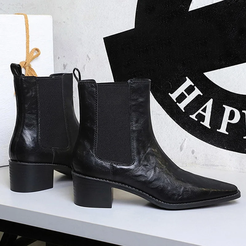 Autumn Early Winter Shoes Women High Heels Boots Pointed toe Brand Ladies Ankle Chelsea Boots Pure Black Square Heels 5cm D751