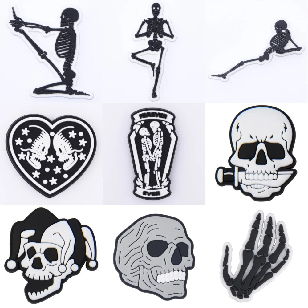 Horror Movie Black Grey Skeleton Shoe Decoration Charms White Bone Shoe Charms OK Hand Heart Gesture Halloween Presents