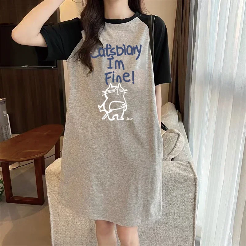 

Летнее свободное женское платье с круглым вырезом и короткими рукавами в корейском стиле с милым мультяшным буквенным котом