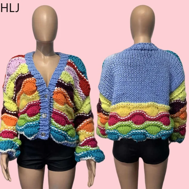 

HLJ Casual Rainbow Knitting Sweater Women V Neck Button Loose Cardigan Spring New Female Thick Needle Retro Tops Streetwear 2025