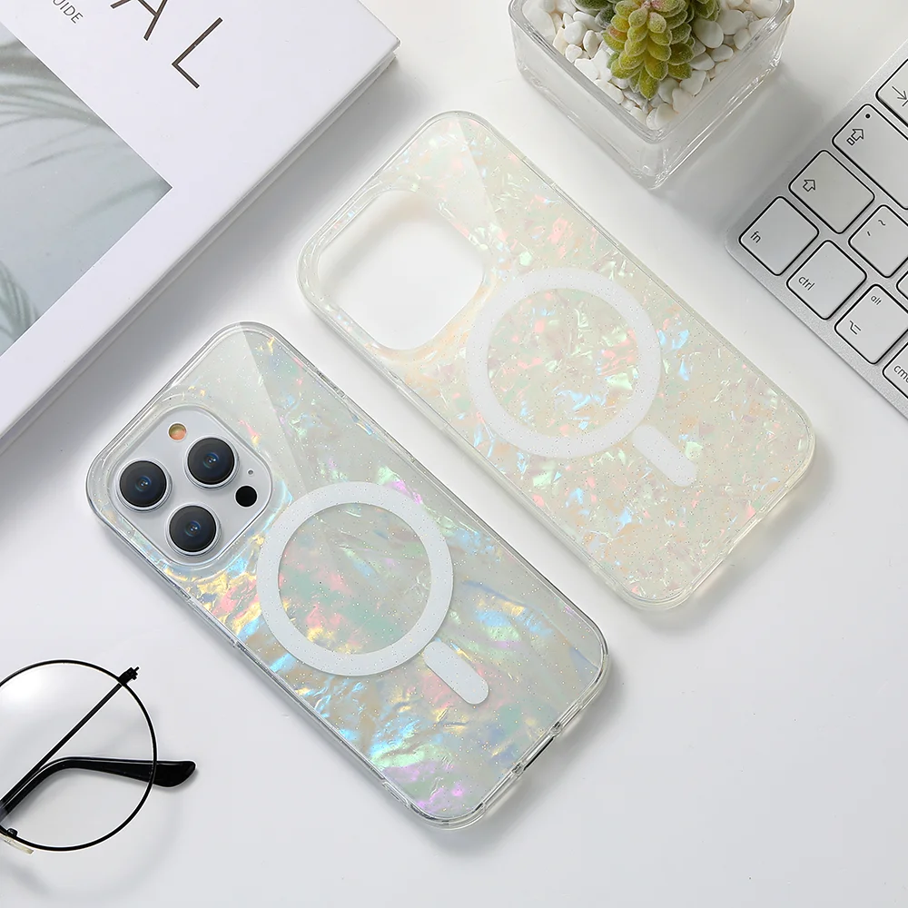 Glitter Shell Marble Magnetic Soft Case for Magsafe IPhone 17 16 15 14 13 Pro Max Plus 16Pro 15Pro ProMax Mag Safe Phone Cover
