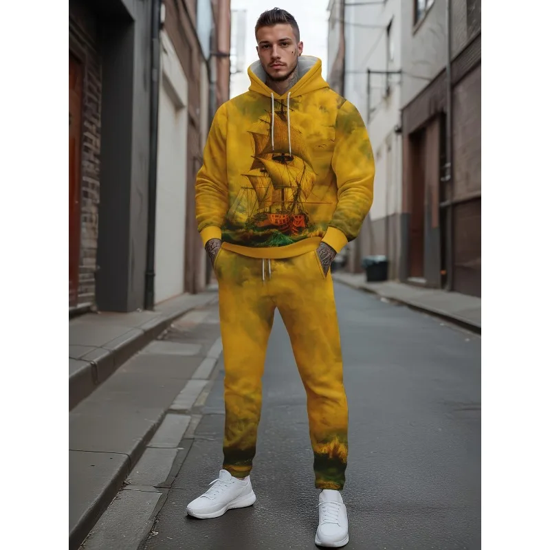 2025 الربيع والخريف مواسمين رياضية غير رسمية ثلاثية الأبعاد مطبوعة الرجال الكتف نمط هوديي السراويل العليا مزيج قطعتين مجموعة