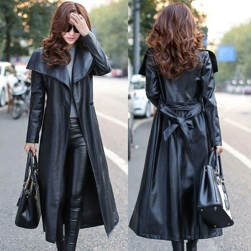 

Black Leather Trench Coat Women's Genuine Lambskin Winter Long Overcoat Jacket