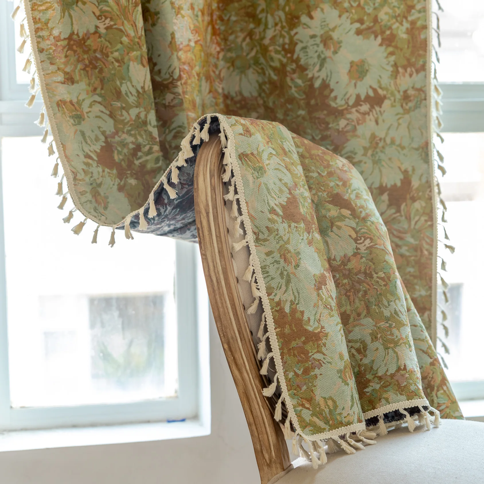 

Floral Curtains for Bedroom, Semi Sheer Boho Living Room Window Curtains, Farmhouse Jacquard Drapes Decorative Window, 1 Panel