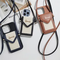 Luxury Card Holder Cross Grain Leather Lanyard Hard Girl Case For Iphone 15 14 11 12 13 Pro Max 7 8 Plus Xr X Xs Se Cover Fundas