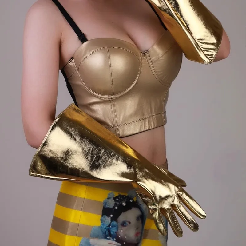 Women's Fashion PU Leather Wide Sleeve Long Gold Glove Lady's Club Performance Formal Party Dancing Glove 38cm R1326