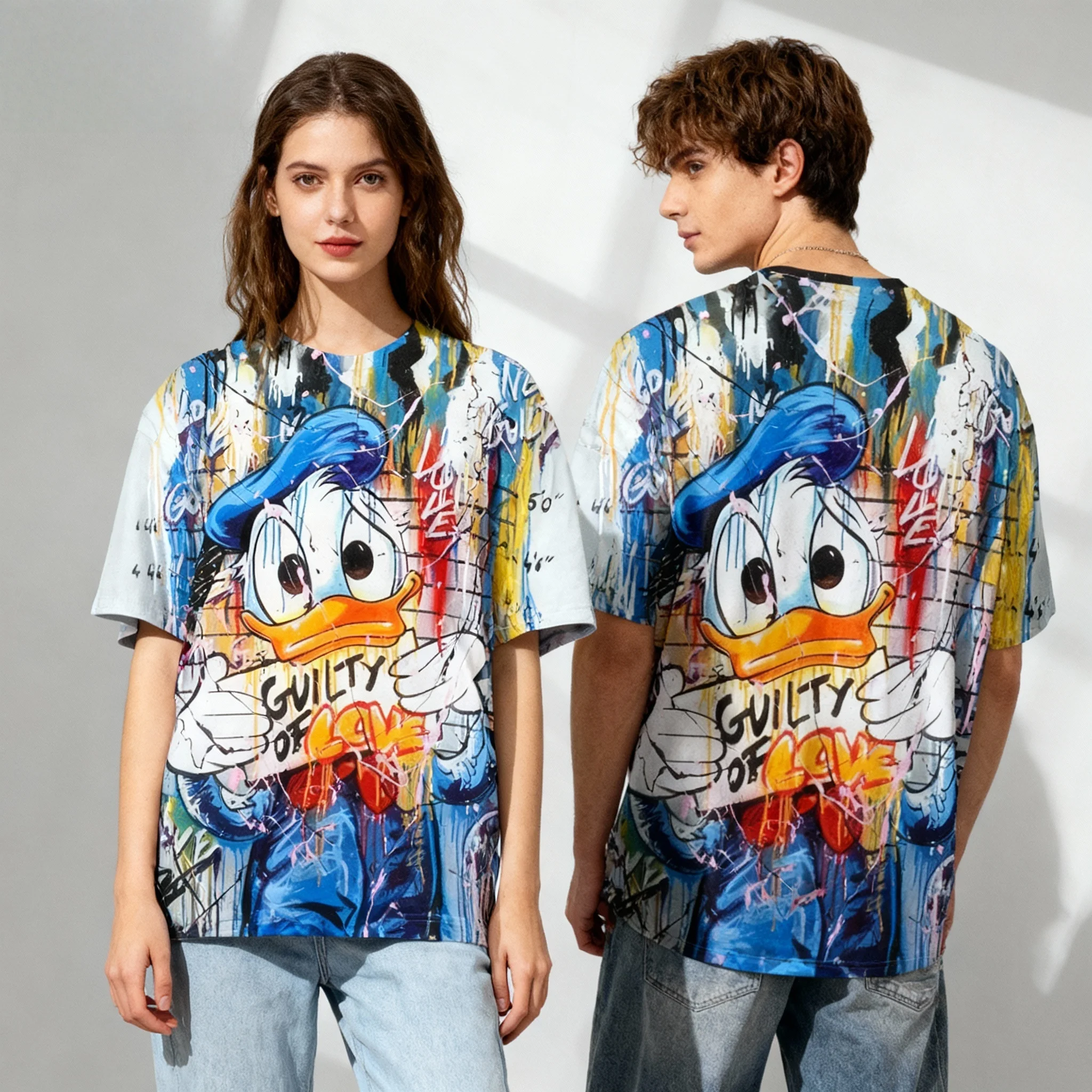 

Летняя футболка из серии Disney с Дональдом Даком, стильная и модная, оверсайз, для женщин и детей, популярная уличная футболка