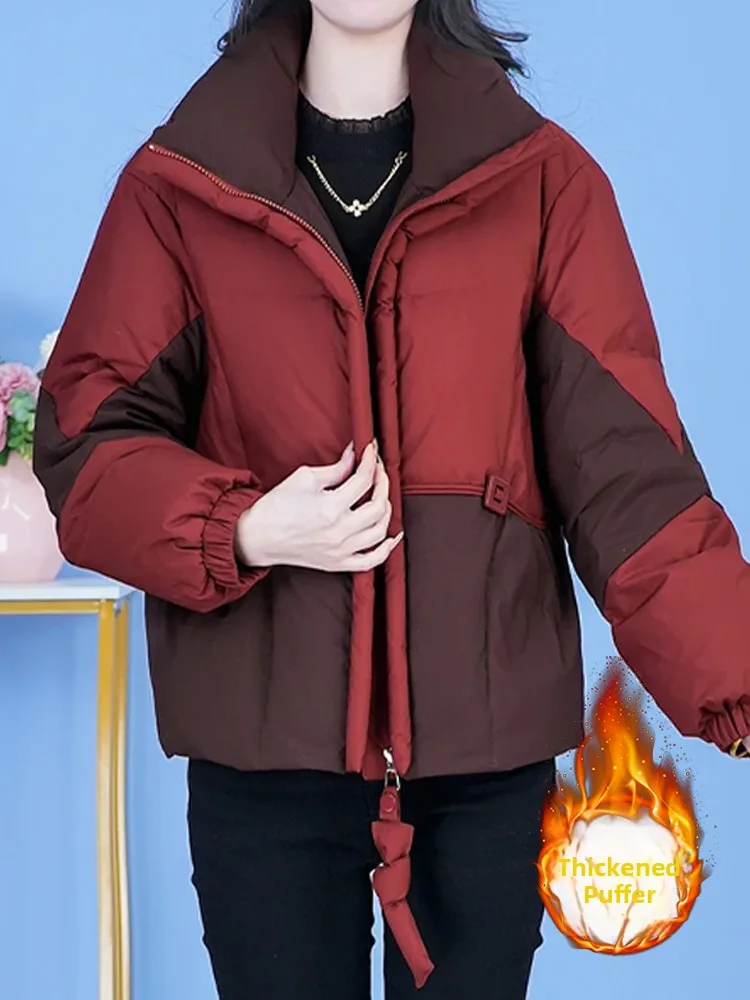 

Slimming Effectiveness Thickened Loose Women's Cotton Jacket Fashionable Patchwork Short Style Warm Outerwear for Autumn Winter