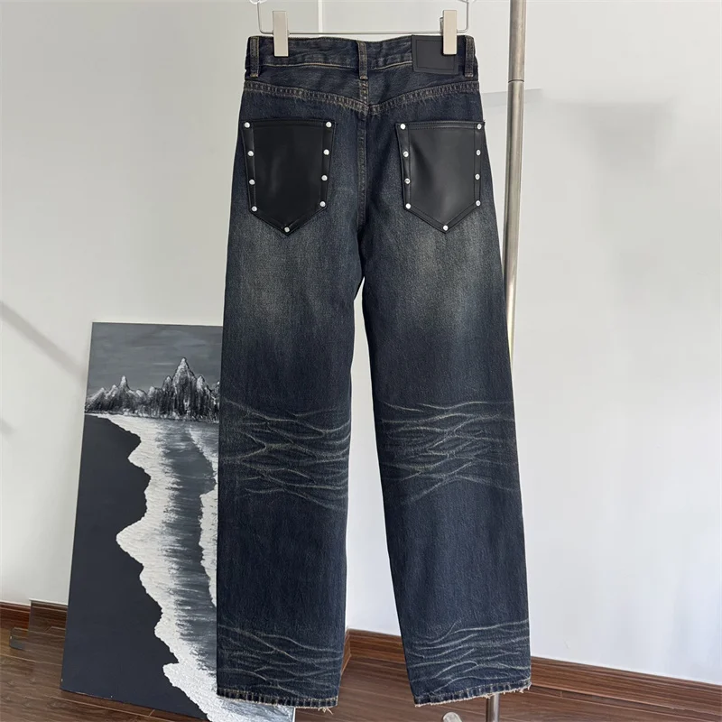 Jeans de algodão puro vintage feminino, calça de couro, decoração de bolso, cintura baixa, calça reta, novo, outono, 2024