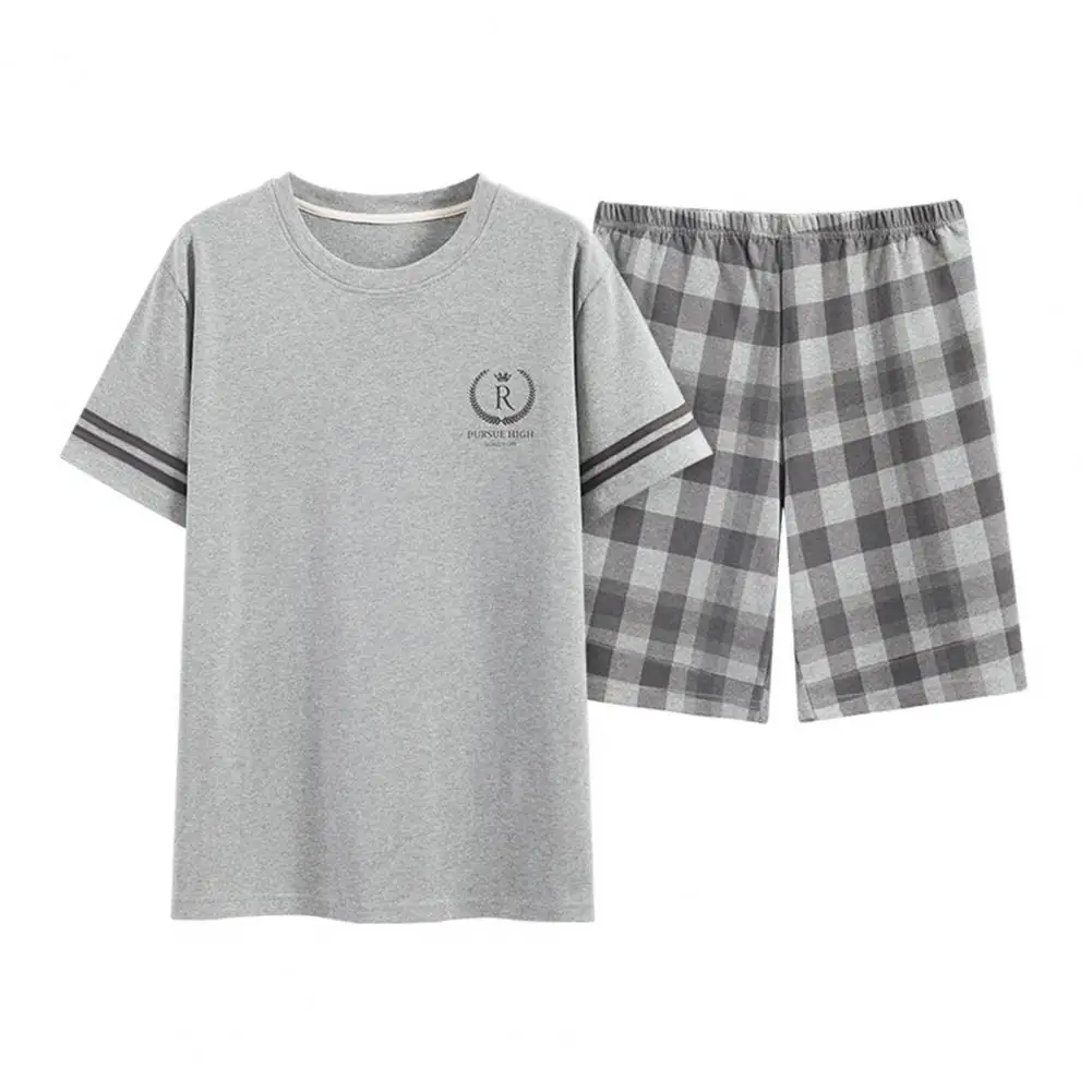 Cozy Loungewear Set Men's Summer Pajamas Set with O-neck Tee Shirt Wide Leg Shorts Plaid Pants Shorts Pajamas Set for Leisure